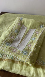 Load image into Gallery viewer, Pistachio pure maheshwari mul chanderi kurta piece folded, do taar and teen taar chikankari in view