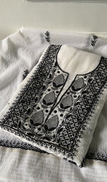 Load image into Gallery viewer, white chikankari set folded, worked panel on top