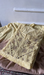 Load image into Gallery viewer, Pale Yellow pure mul chanderi kurta piece folded, fine chikankari in view