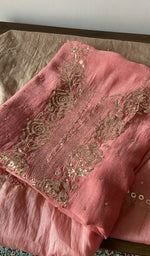 Load image into Gallery viewer, Coral pure mul chanderi kurta piece folded, fine chikankari in view