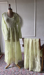 将图像加载到图库查看器中, Lime green pure mul chanderi chikankari 3 pc semi-stitched suit set laid out