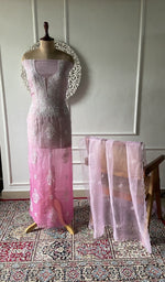 Load image into Gallery viewer, fuchsia pink pure organza silk chikankari set on the mannequin, dupatta on the stand