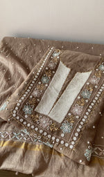 Load image into Gallery viewer, Dusty Rose pure mul chanderi kurta piece folded, beads badla work mukaish work and multicoloured cutdana in view