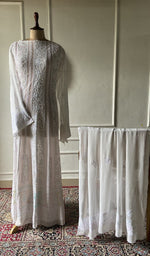 Load image into Gallery viewer, white viscose georgette chikankari set on the mannequin, dupatta on the stand