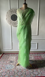 将图像加载到图库查看器中, Parrot green pure organza silk chikankari saree laid out