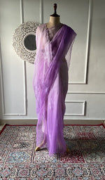 Load image into Gallery viewer, Lilac pure organza silk chikankari saree laid out