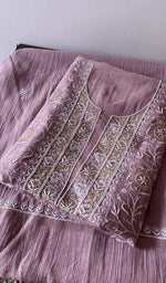 Load image into Gallery viewer, Dusty Pink pure maheshwari mul chanderi kurta piece folded, do taar and teen taar chikankari in view