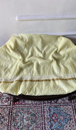 Load image into Gallery viewer, Yellow mul chanderi chikankari 3 pc unstitched suit set laid out