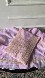 Load image into Gallery viewer, lilac pure kota cotton chikankari 3 pc semi-stitched suit set, folded