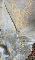 Load image into Gallery viewer, close view of the hand embroidery, pale blue pure kota cotton