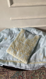 Load image into Gallery viewer, pale blue pure kota cotton chikankari 3 pc semi-stitched suit set, folded