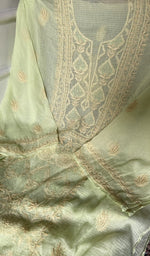 Load image into Gallery viewer, close view of the hand embroidery, pale yellow green pure kota cotton