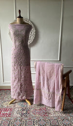 Load image into Gallery viewer, purple pure mul chanderi chikankari set on the mannequin, dupatta on the stand