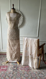 Load image into Gallery viewer, cream pure mul chanderi chikankari set on the mannequin, dupatta on the stand