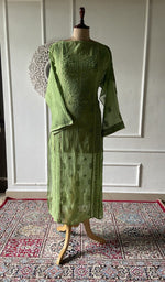 Load image into Gallery viewer, green pure mul chanderi chikankari kurta fabric on the mannequin