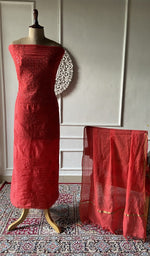 Load image into Gallery viewer, Red mul chanderi chikankari 3 pc unstitched suit set laid out