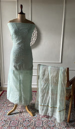 将图像加载到图库查看器中, Mint mul chanderi chikankari 3 pc unstitched suit set laid out