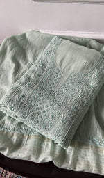Load image into Gallery viewer, mint green chikankari set folded, worked panel on top