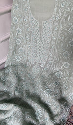 Load image into Gallery viewer, close view of the hand embroidery, mint green pure mul chanderi