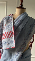 Load image into Gallery viewer, Grey blue saree draped to show the fall of the fabric
