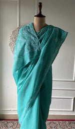 Load image into Gallery viewer, Turquoise cotton voile saree, full length on the mannequin