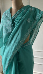 Load image into Gallery viewer, Border detail on the turquoise cotton voile saree