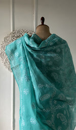 Load image into Gallery viewer, Body of the turquoise saree, chikankari across the ground