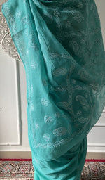 Load image into Gallery viewer, Chikankari and border together on the turquoise saree