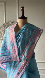 Load image into Gallery viewer, Sky blue cotton voile saree, full length on the mannequin