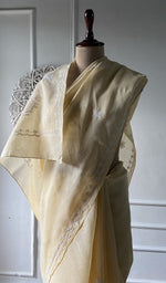 Load image into Gallery viewer, Pale yellow saree draped to show the fall of the fabric
