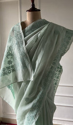 Load image into Gallery viewer, Sea green cotton voile saree, full length on the mannequin