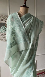 Load image into Gallery viewer, Pallu of the sea green saree, chikankari worked across it
