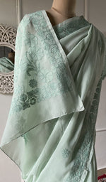 Load image into Gallery viewer, Sea green saree draped to show the fall of the fabric