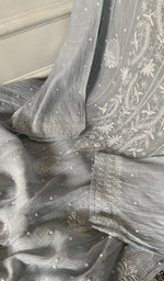 Load image into Gallery viewer, fine chikankari on silver grey pure mul chanderi