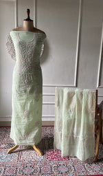 将图像加载到图库查看器中, Mint green pure mul chanderi chikankari suit set on the mannequin, dupatta alongside