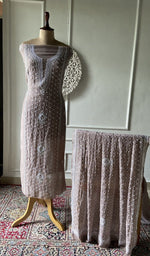 Load image into Gallery viewer, mauve brown pure mul chanderi chikankari 3 pc unstitched suit set on mannequin