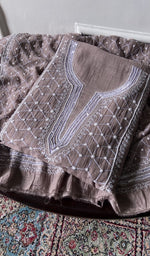 Load image into Gallery viewer, mauve brown chikankari set folded, worked panel on top