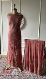 Load image into Gallery viewer, rust pure mul cotton chikankari 3 pc unstitched suit set on mannequin