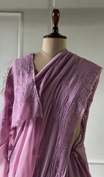 Load image into Gallery viewer, close view of the resham fine chikankari on rose pink viscose georgette