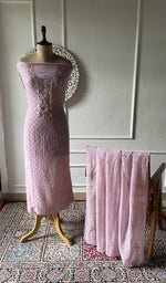 Load image into Gallery viewer, Lilac pure mul chanderi chikankari suit set on the mannequin, dupatta alongside