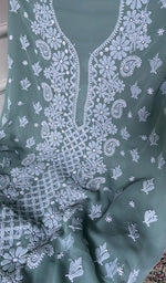 Load image into Gallery viewer, close view of the hand embroidery, sea green faux georgette