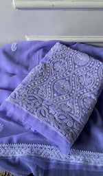 Load image into Gallery viewer, lavender chikankari set folded, worked panel on top