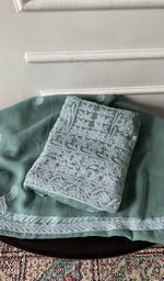 Load image into Gallery viewer, sage green faux georgette chikankari 3 pc unstitched suit set, folded