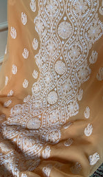 Load image into Gallery viewer, close view of the hand embroidery, peach faux georgette