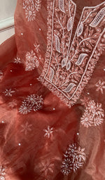 Load image into Gallery viewer, Gala of the rust kurta piece, worked in fine chikankari