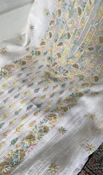 Load image into Gallery viewer, fine multicoloured chikankari with zari patchwork on white pure mul chanderi