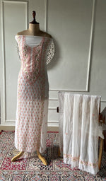 Load image into Gallery viewer, white pure mul chanderi chikankari 2 pc unstitched suit set on mannequin