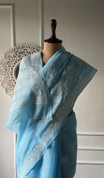 将图像加载到图库查看器中, Powder blue cotton voile saree, full length on the mannequin