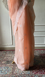 Load image into Gallery viewer, Pallu of the peach saree, chikankari worked across it