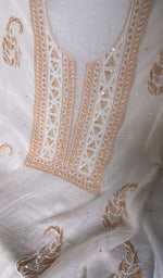 Load image into Gallery viewer, close view of the hand embroidery, white pure mul chanderi